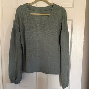 V-Neck Waffle Knit Sweater - Sage Green
